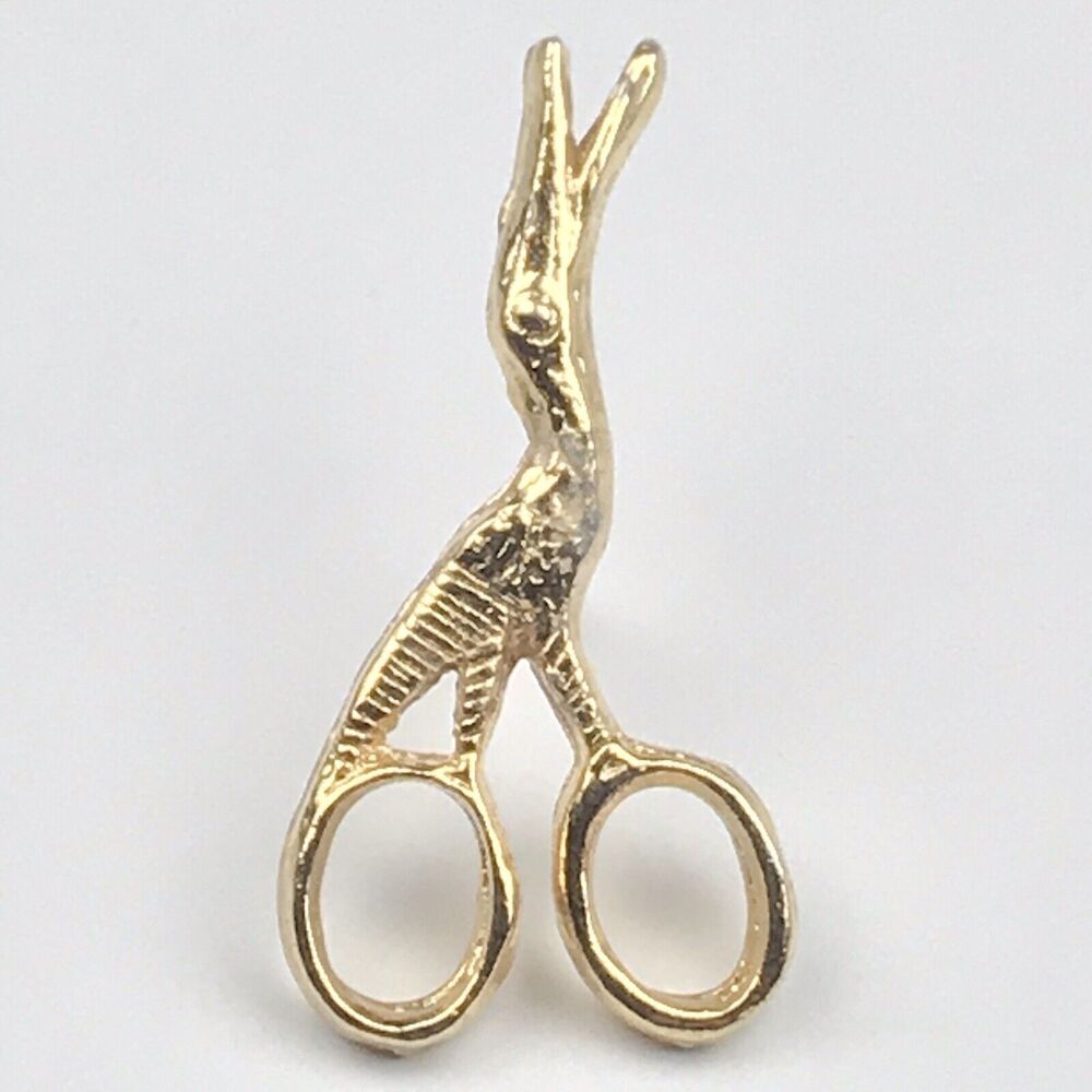 Scissors Bird Crane Vintage Lapel Pin Small Gold Tone Brooch